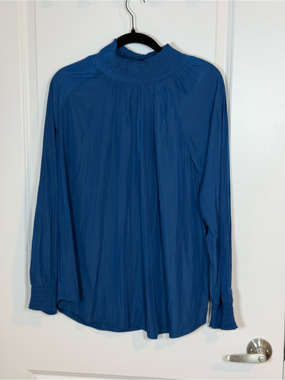 Chico's 3 Blue Smocked Mock-Neck Long Sleeve Top
